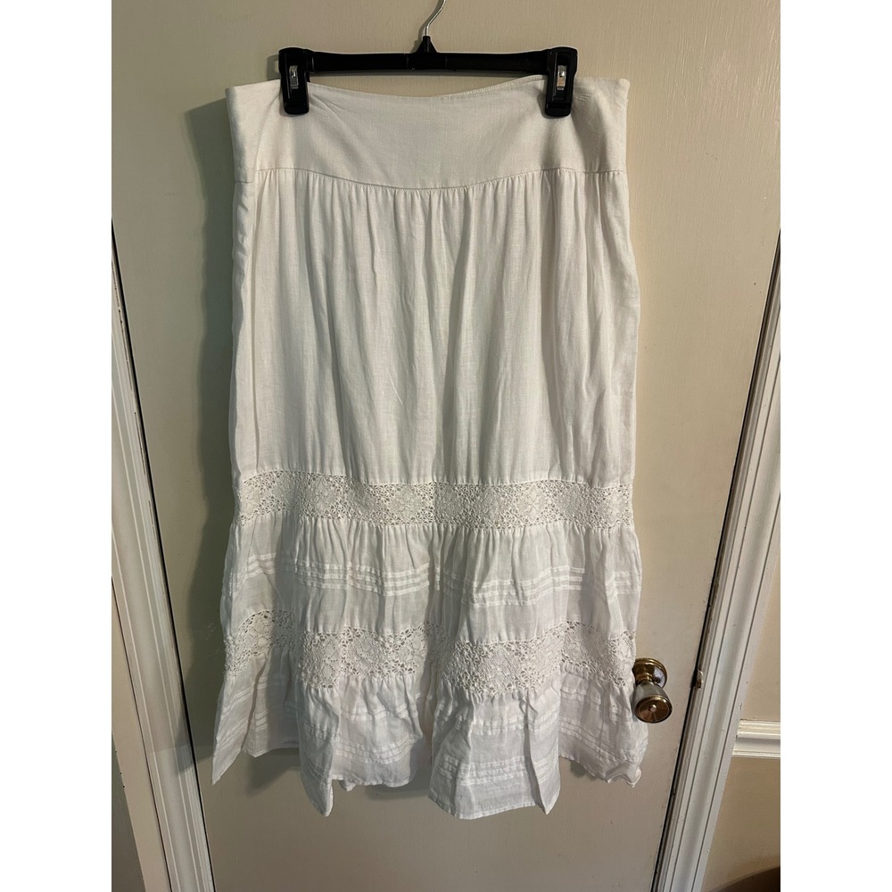 White Linen Crochet Lace Tiered Maxi Skirt Boho Peasant Lined Ruffle Hem Size 12